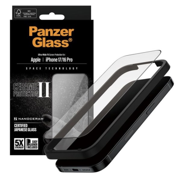 Protection écran céramique PanzerGlass coupe large avec aligneur pour iPhone 16 Pro