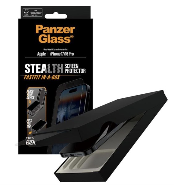 Protection écran confidentialité PanzerGlass bord noir coupe large avec aligneur pour iPhone 16 Pro