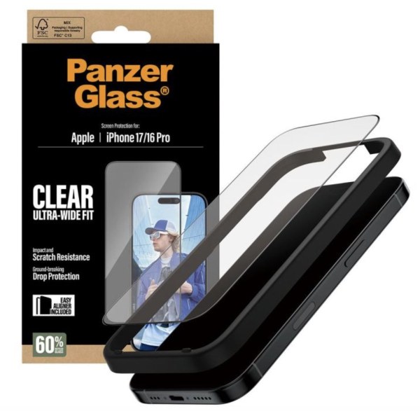 Protection écran PanzerGlass coupe large avec aligneur pour iPhone 16 Pro