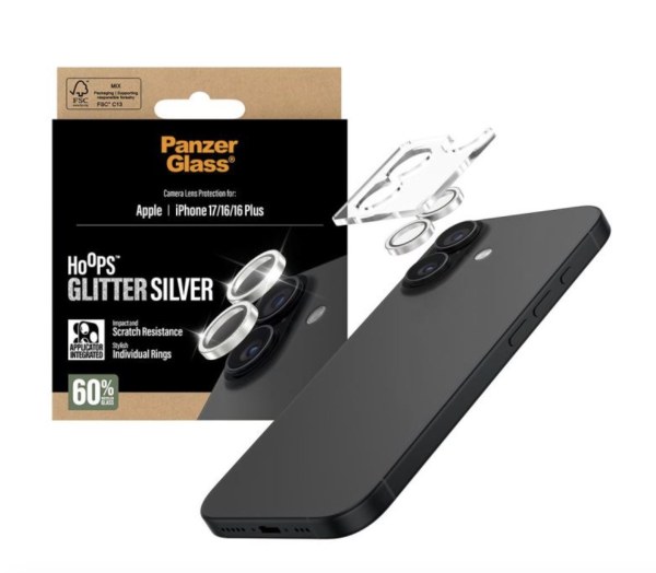 Protection caméra PanzerGlass Hoops paillettes argent pour iPhone 16 Plus